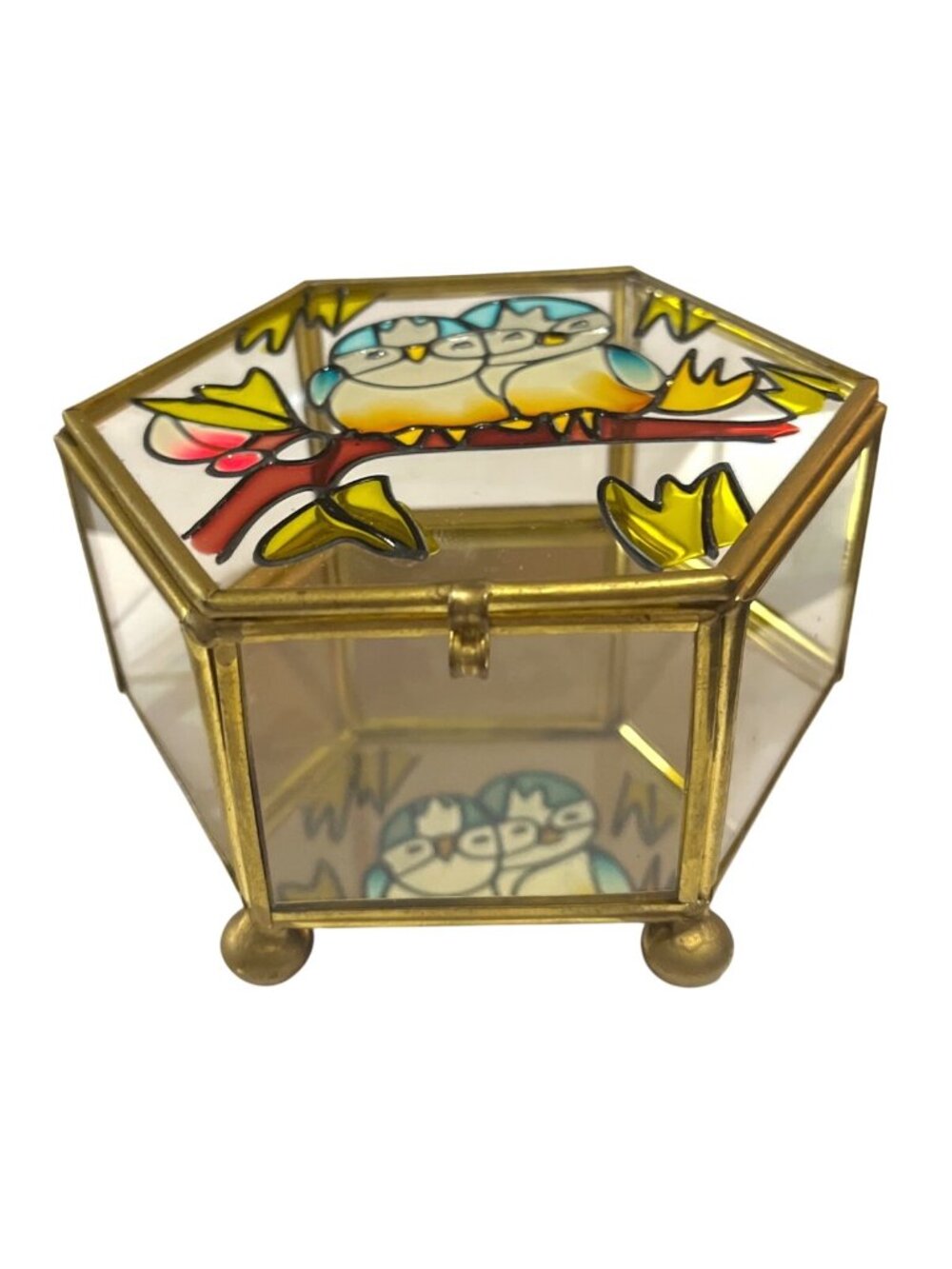 Hexagonal Stained Glass Jewelry Box With Owl Design & Brass Accents - Picture 2 of 7